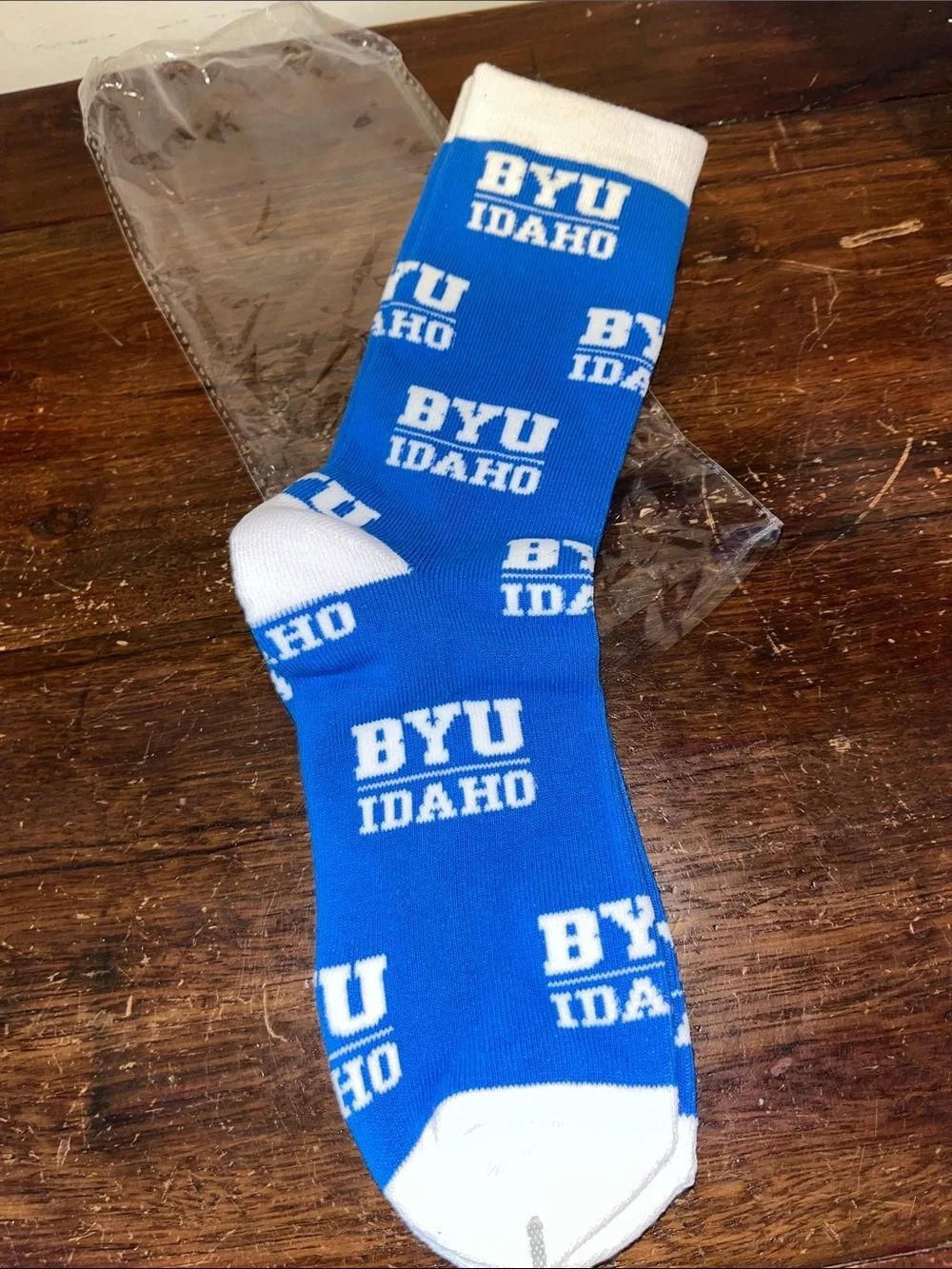 New AOP BYU Idaho Brigham Young Athletic Crew Socks with Blue White Accents OSFA